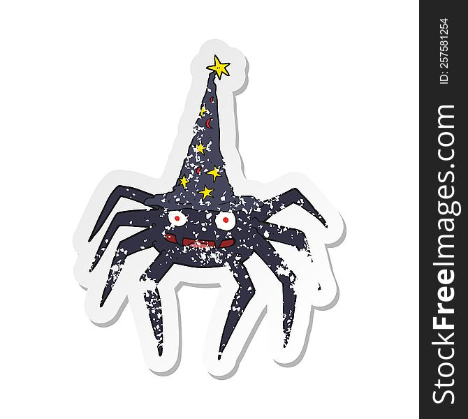 Retro Distressed Sticker Of A Cartoon Halloween Spider In Witch Hat