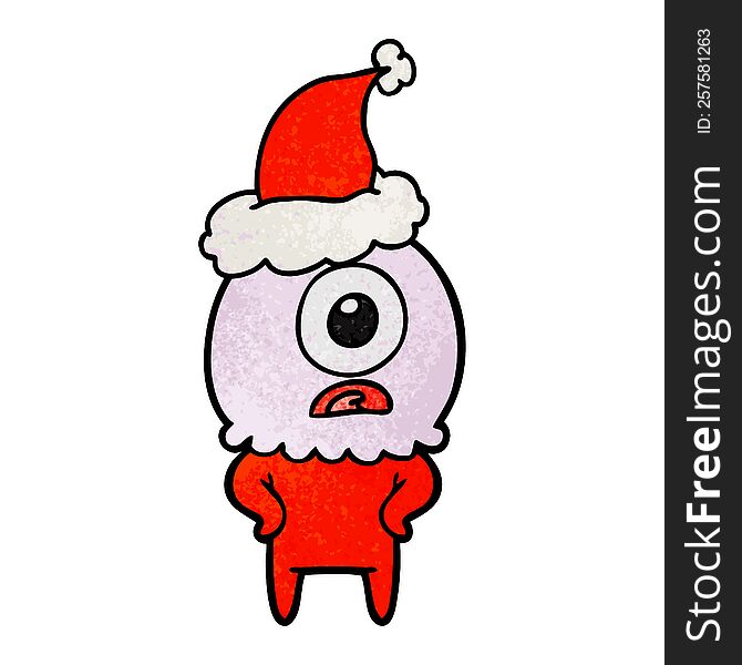 hand drawn textured cartoon of a cyclops alien spaceman wearing santa hat