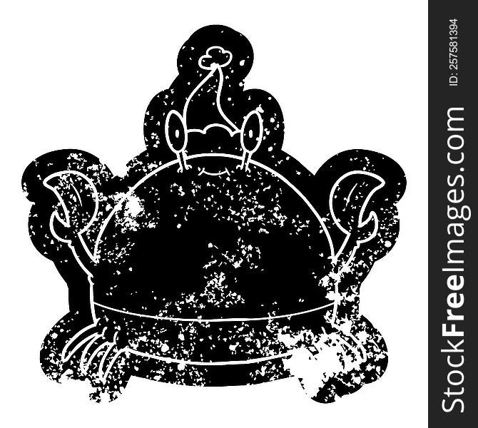 Cartoon Distressed Icon Of A Crab Wearing Santa Hat