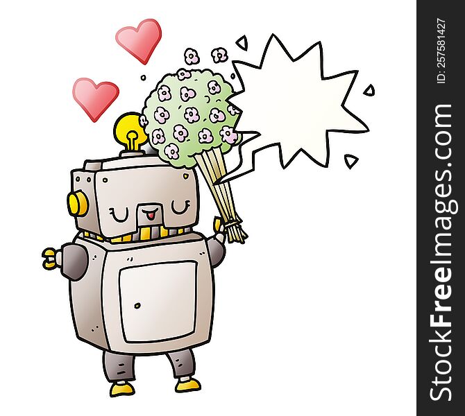 cartoon robot in love and speech bubble in smooth gradient style