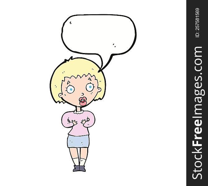 cartoon woman making Who Me gesture with speech bubble