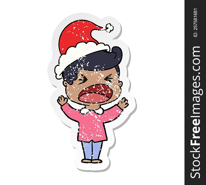 Distressed Sticker Cartoon Of A Shouting Man Wearing Santa Hat