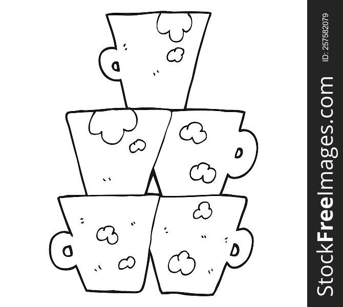 Black And White Cartoon Stack Of Dirty Coffee Cups