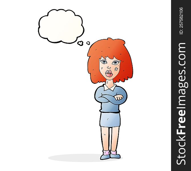 Cartoon Tough Woman With Folded Arms With Thought Bubble