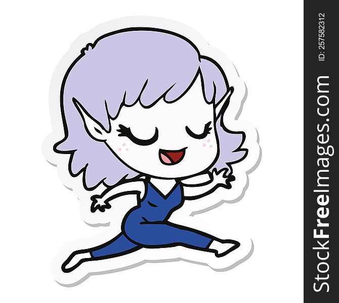 Sticker Of A Happy Cartoon Elf Girl Running