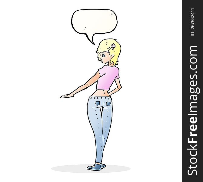 Cartoon Pretty Girl In Jeans And Tee With Speech Bubble