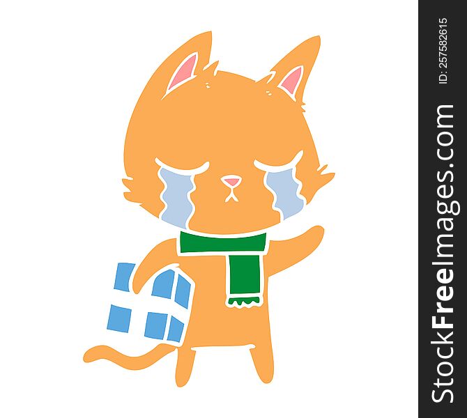 Crying Flat Color Style Cartoon Cat Holding Christmas Present