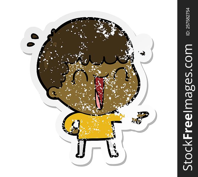 Distressed Sticker Of A Laughing Cartoon Man Pointing Finger