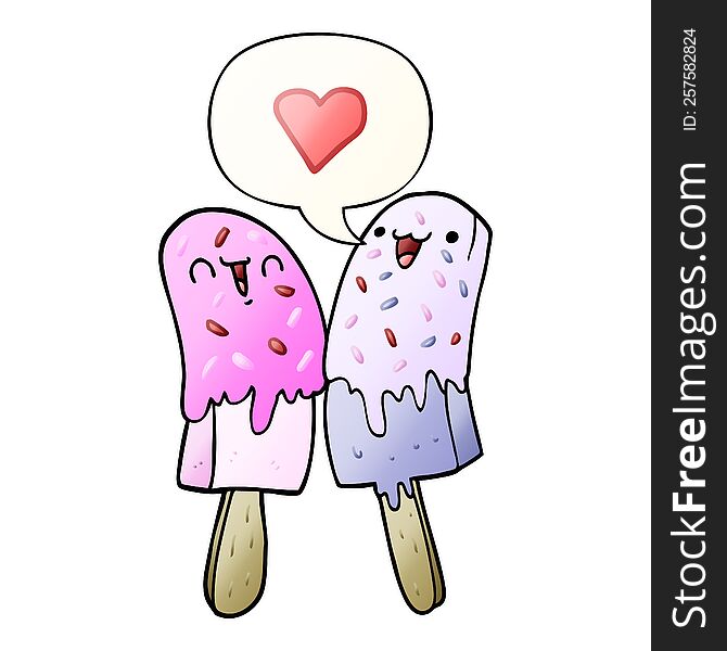 cartoon ice lolly in love with speech bubble in smooth gradient style