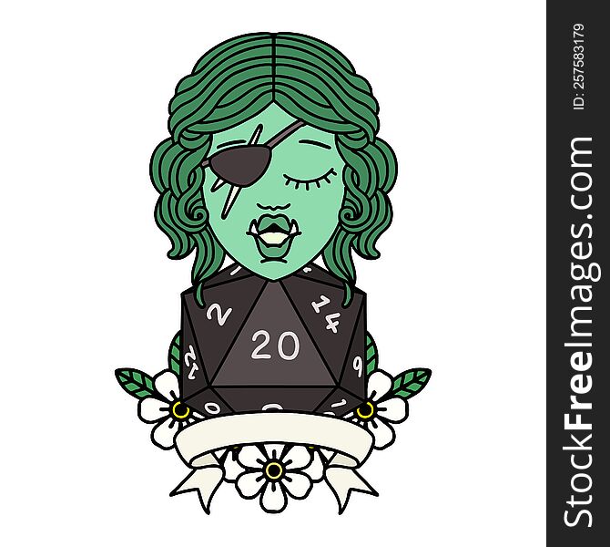 Retro Tattoo Style half orc rogue character with natural twenty dice roll. Retro Tattoo Style half orc rogue character with natural twenty dice roll