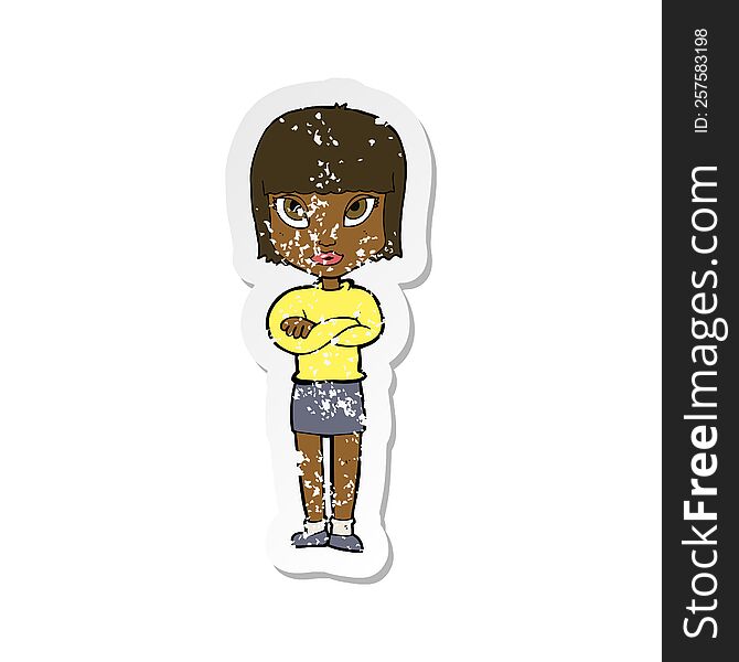 Retro Distressed Sticker Of A Cartoon Woman With Crossed Arms