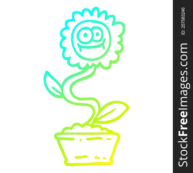 cold gradient line drawing of a cartoon flower in pot