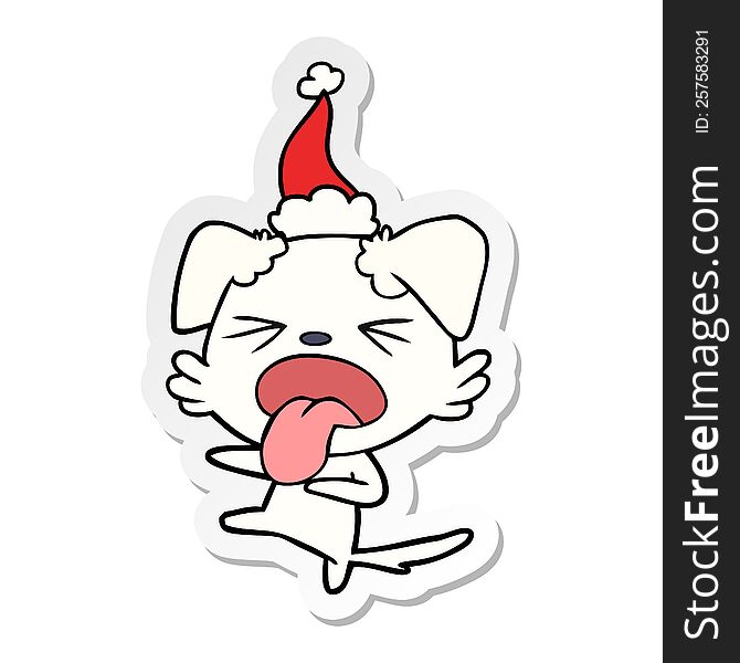 hand drawn sticker cartoon of a disgusted dog wearing santa hat