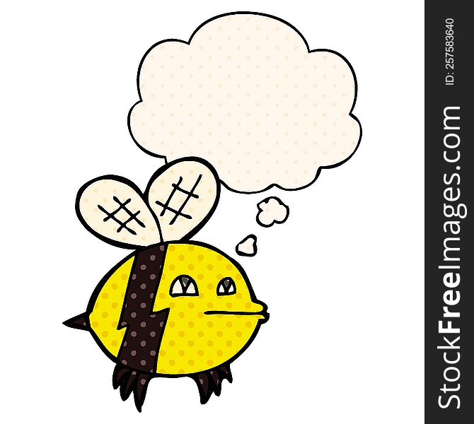 cartoon bee with thought bubble in comic book style