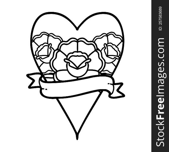 Black Line Tattoo Of A Heart And Banner With Flowers