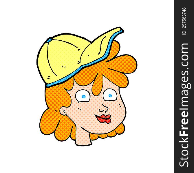 freehand drawn cartoon woman wearing cap. freehand drawn cartoon woman wearing cap