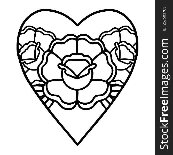 Black Line Tattoo Of A Heart And Flowers