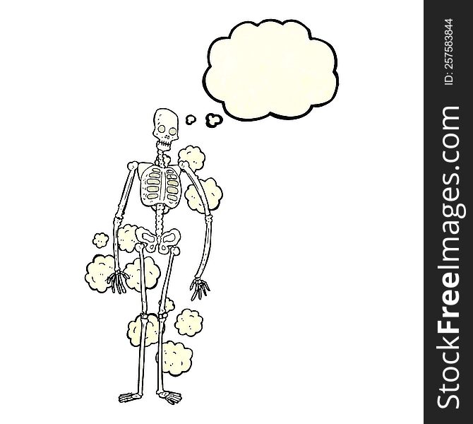 cartoon dusty old skeleton with thought bubble