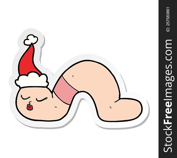 Sticker Cartoon Of A Worm Wearing Santa Hat