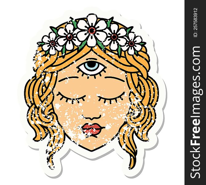 distressed sticker tattoo in traditional style of female face with third eye and crown of flowers. distressed sticker tattoo in traditional style of female face with third eye and crown of flowers