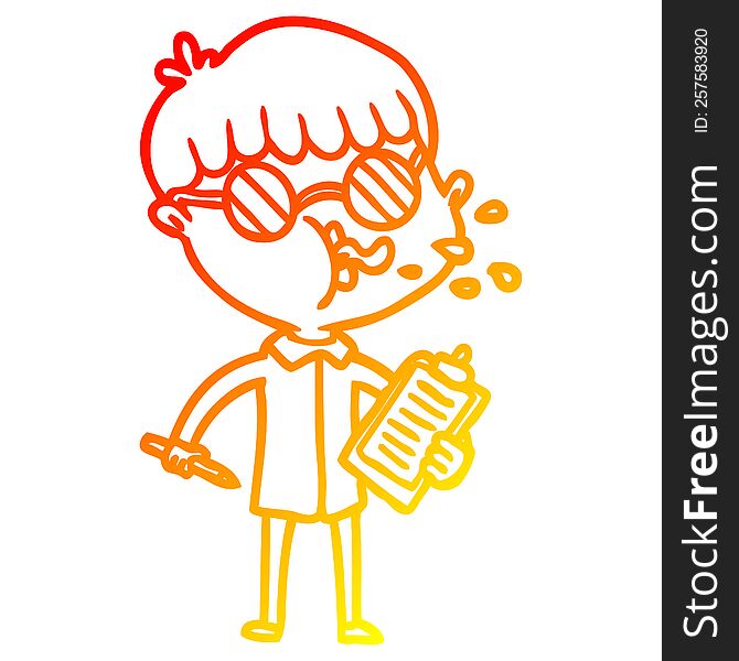 warm gradient line drawing of a cartoon boy wearing spectacles with clip board