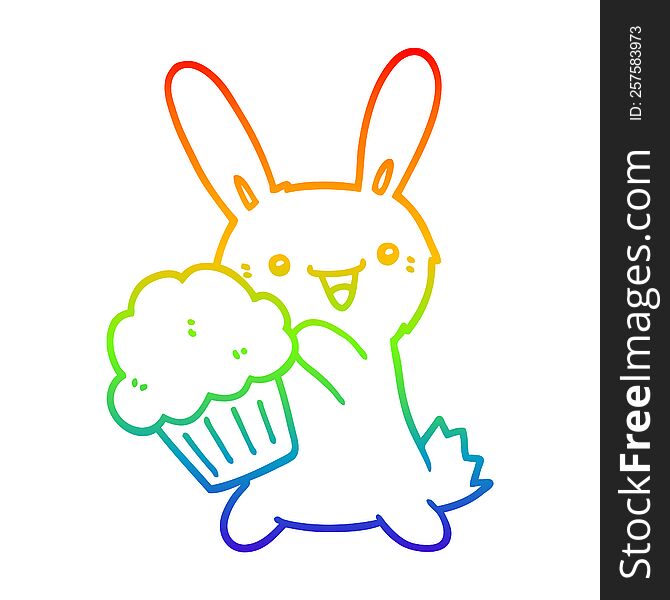 Rainbow Gradient Line Drawing Cute Cartoon Rabbit With Muffin