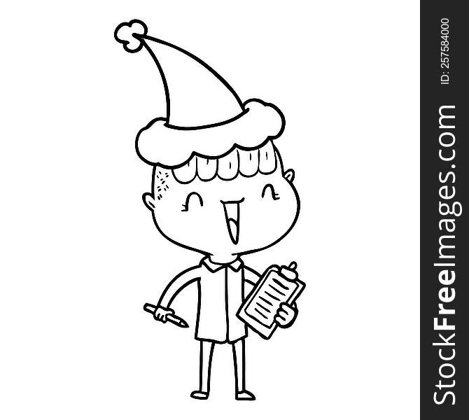 hand drawn line drawing of a happy boy surprised wearing santa hat