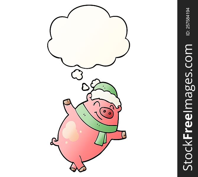 Cartoon Pig Wearing Christmas Hat And Thought Bubble In Smooth Gradient Style