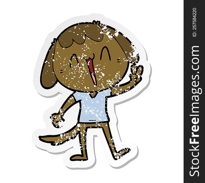 distressed sticker of a cartoon laughing dog