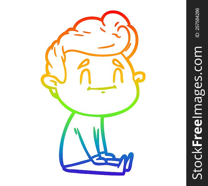 rainbow gradient line drawing of a happy cartoon man sitting on floor