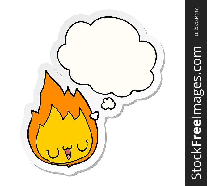 cartoon flame with face and thought bubble as a printed sticker