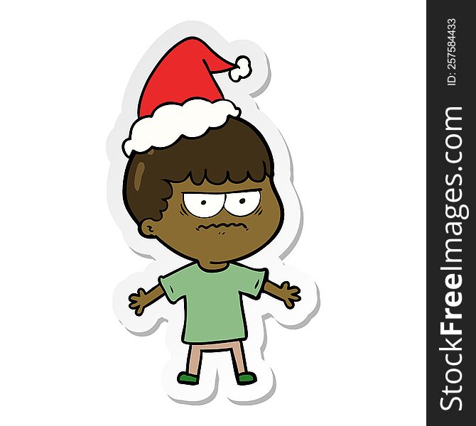 hand drawn sticker cartoon of a angry man wearing santa hat
