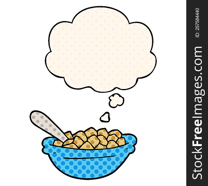 cartoon cereal bowl and thought bubble in comic book style