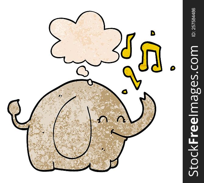 Cartoon Trumpeting Elephant And Thought Bubble In Grunge Texture Pattern Style