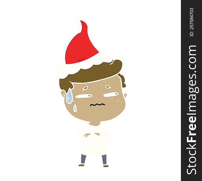 hand drawn flat color illustration of a anxious man wearing santa hat