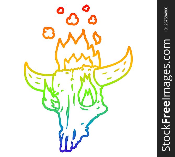rainbow gradient line drawing of a spooky flaming animals skull cartoon