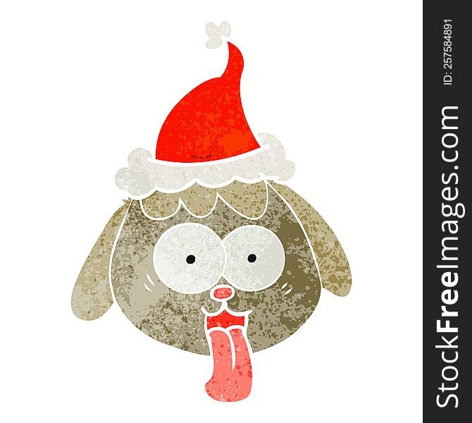 Retro Cartoon Of A Dog Face Panting Wearing Santa Hat