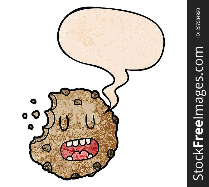 cartoon cookie with speech bubble in retro texture style