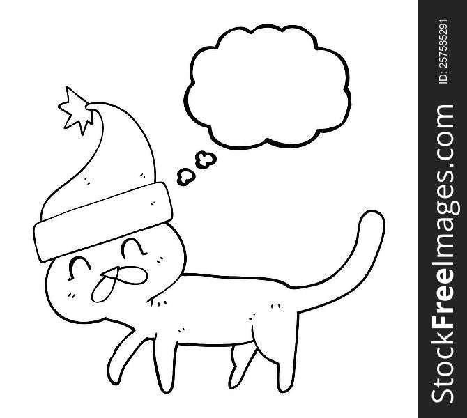 Thought Bubble Cartoon Cat Wearing Christmas Hat