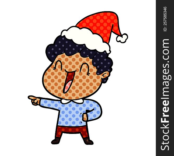hand drawn comic book style illustration of a happy man wearing santa hat