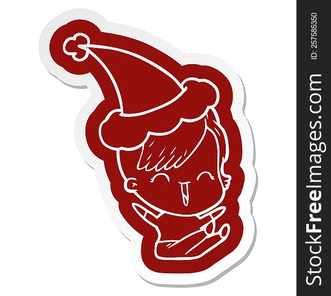 quirky cartoon  sticker of a happy hipster girl wearing santa hat