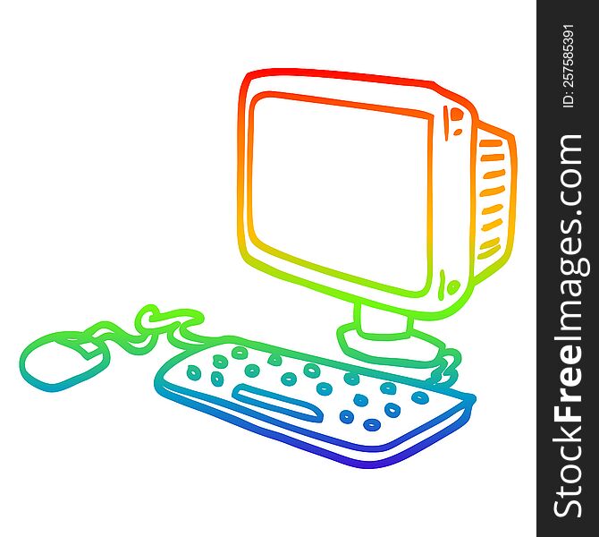 Rainbow Gradient Line Drawing Cartoon Office Computer