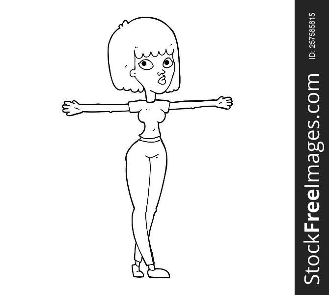 Black And White Cartoon Woman Spreading Arms