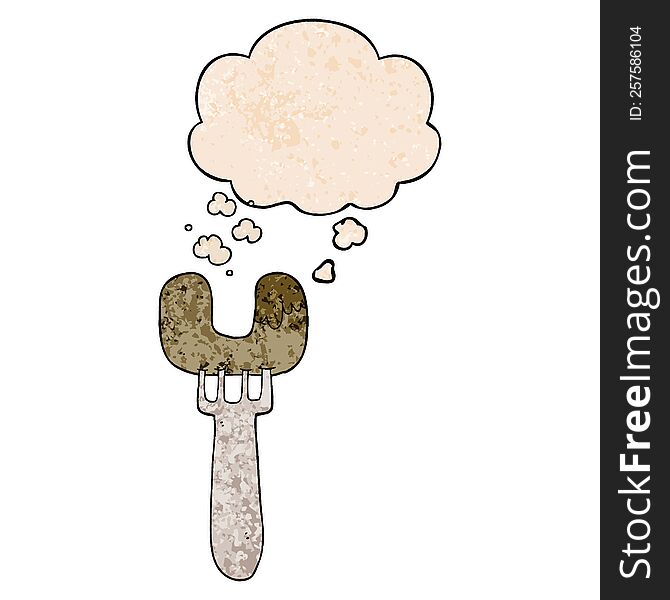 cartoon sausage on fork with thought bubble in grunge texture style. cartoon sausage on fork with thought bubble in grunge texture style