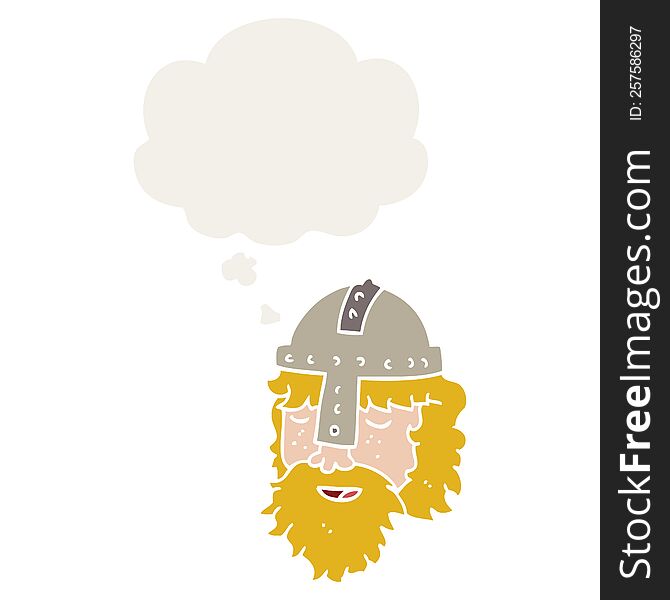 cartoon viking face with thought bubble in retro style