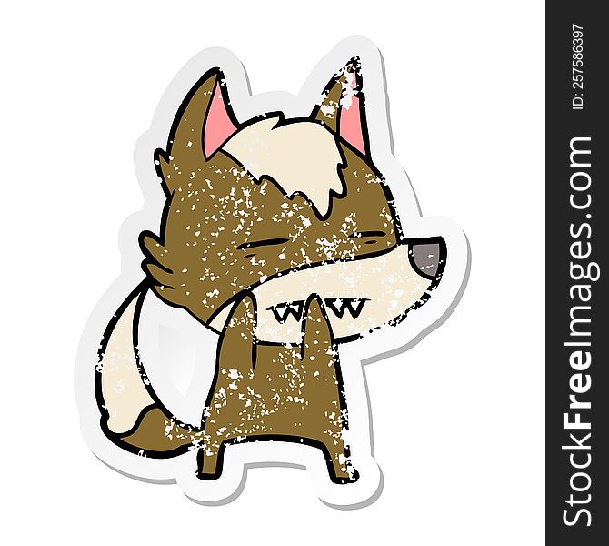 distressed sticker of a cartoon wolf showing teeth