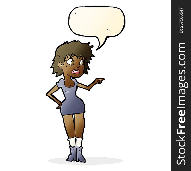 Cartoon Worried Woman In Dress Pointing With Speech Bubble