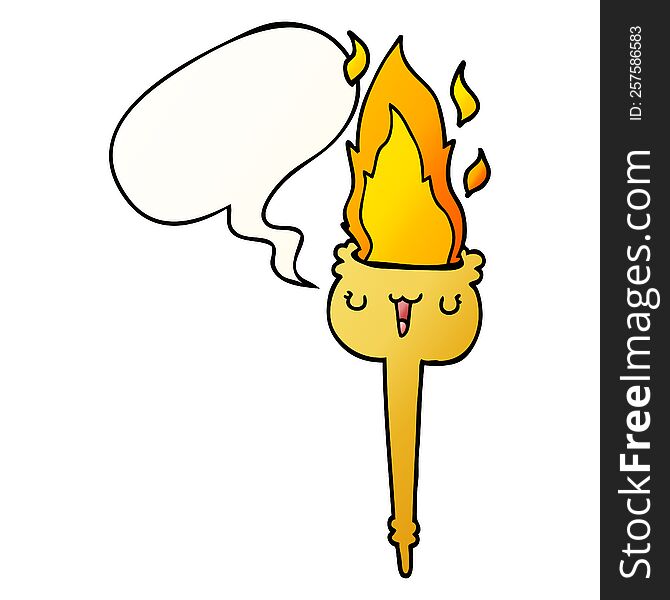 cartoon flaming torch with speech bubble in smooth gradient style