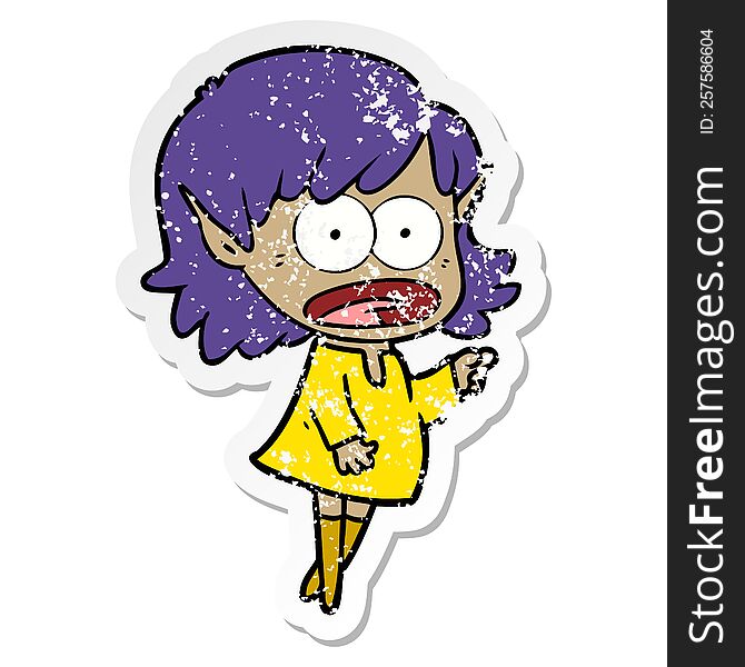 Distressed Sticker Of A Cartoon Shocked Elf Girl Pointing