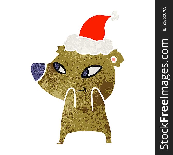 Cute Retro Cartoon Of A Bear Wearing Santa Hat